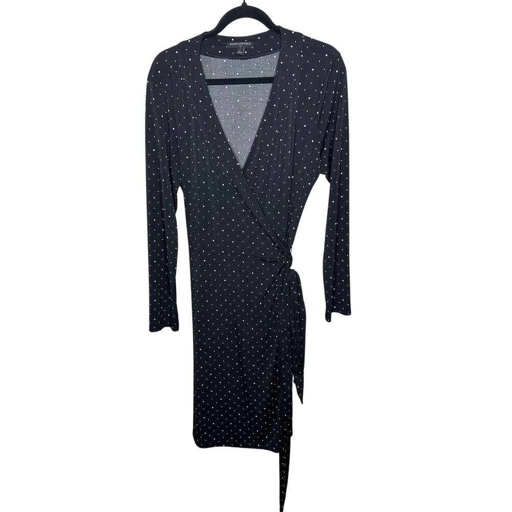 Banana Republic Black Midi Wrap Dress White Polka Dots Long Sleeve Women's L
